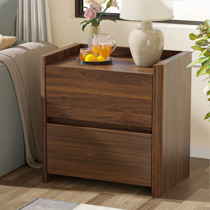 Table de chevet moderne à 2 tiroirs de 23,6 po de largeur, Noyer, Individuel