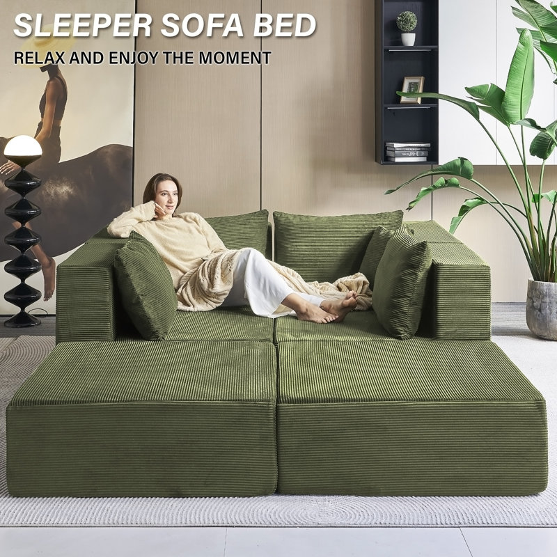 Canapé-lit modulaire de 140 po, Velours côtelé vert rétro
