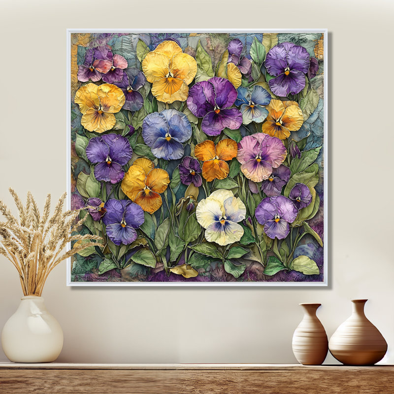 «Wild Pansy Patch At The Farm II - Pansies», art mural pour le salon, H 30 po x l 30 po, Impression encadrée flottante, Blanc