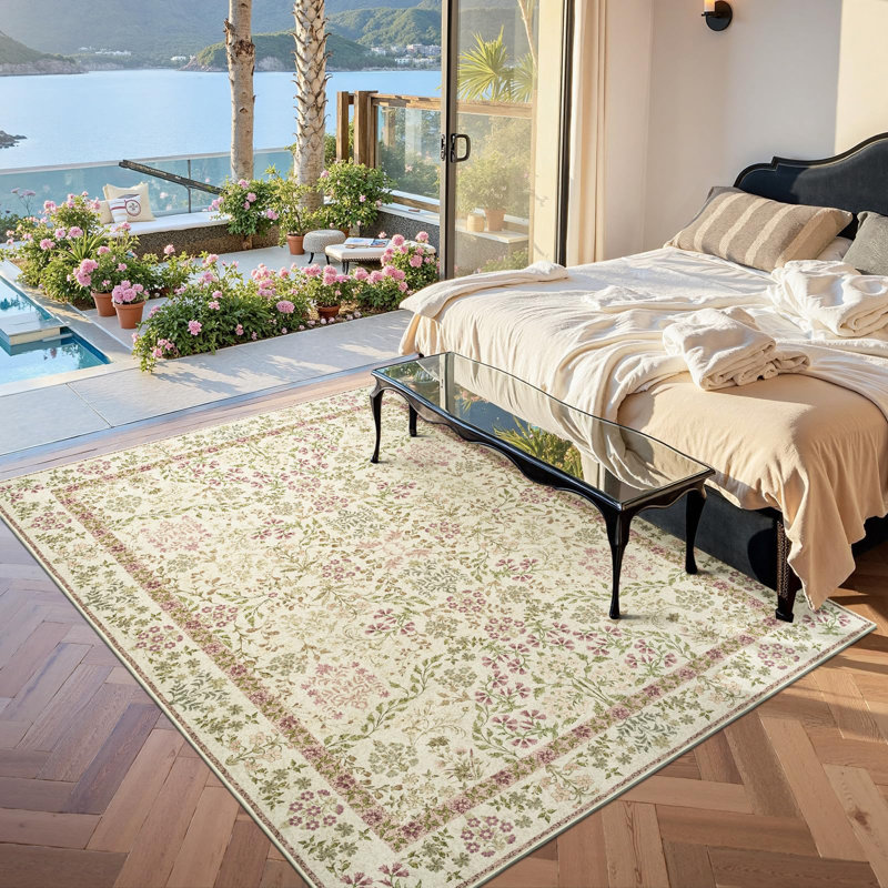 Floral Machine Washable Area Rug, Rectangle 5' x 7'