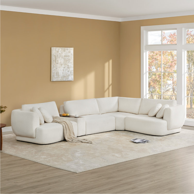 Aneika 156''W 5-Piece Curved Modular Oversized Sectional, Cream Polyester