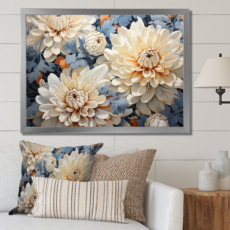 «White and Blue Chrysanthemums», mosaïque sur toile, Cadre simple argenté, H 16 po x l 32 po x P 1 po