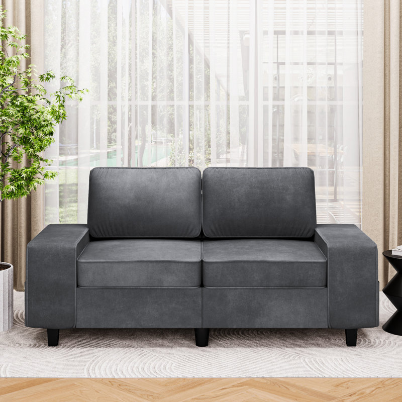 Modern Style Indoor Loveseat With Side Pockets, Dark Gray Fabric