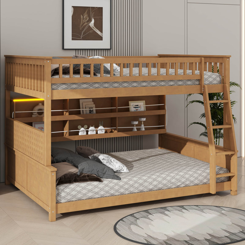 Bunk Bed Equipped With Built-In Shelving, Adjustable Lights And Perforated Board, Brown, Full XL Over Queen