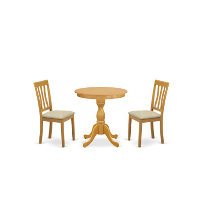 3 Piece Kitchen Table & Chairs Set Contains a Round Dining Room Table with Pedestal and 2 Linen Fabric Upholstered Chairs, Oak