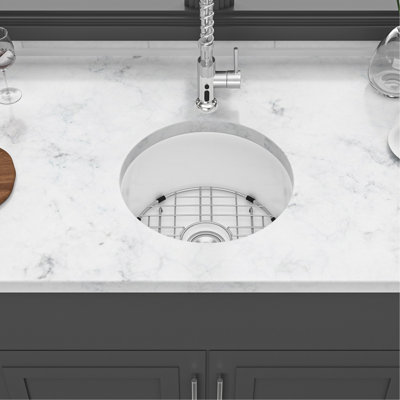 18 Inch Dual Mounted Single Bowl Ceramic Circular Kitchen Sink With Drain Assembly And Bottom Grid