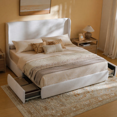 King Ivory Canvas Upholstered Wingback Bed Frame with Storage Drawers, 52” Tall Cushioned Headboard, Soft Edges, Low Profile Platform Bed, Sturdy Wood Slats, No Box Spring Needed