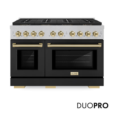 ZLINE Autograph Edition 48 in. 6.7 cu. ft. Paramount Gas Range W/ 8 Burner DuoPro Cooktop and Dual Ovens in Satin Stainless Steel W/ Black Matte Doors and Polished Gold Accents