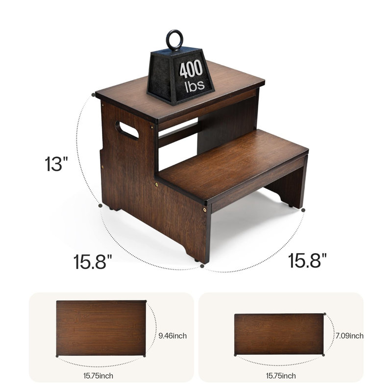 Tabouret en bambou à 2 marches pour adultes, Marron foncé