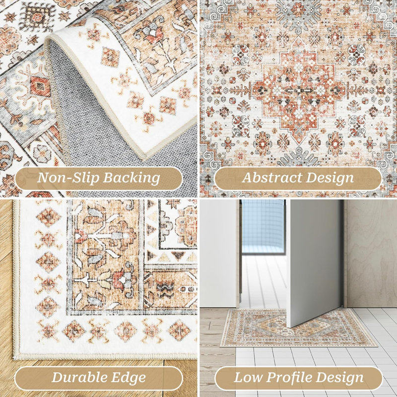 Medallion Non Slip Washable Rug(Orange), Rectangle 2' x 3'