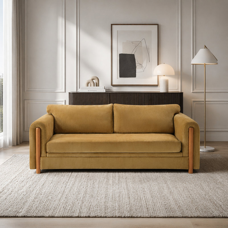 Canapé 3 places en chenille avec accoudoirs sculpturaux incurvés et accents de bois, Yellow Chenille