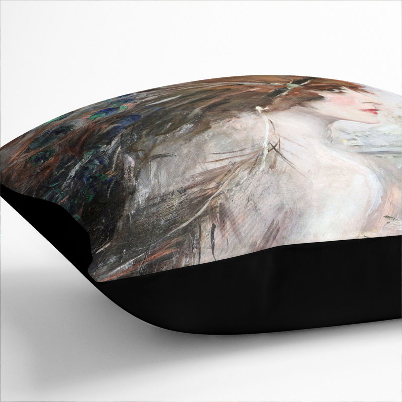 Woman With Peacock Feathers Square Throw Cushion, 40cm H x 40cm W x 15cm D, Black