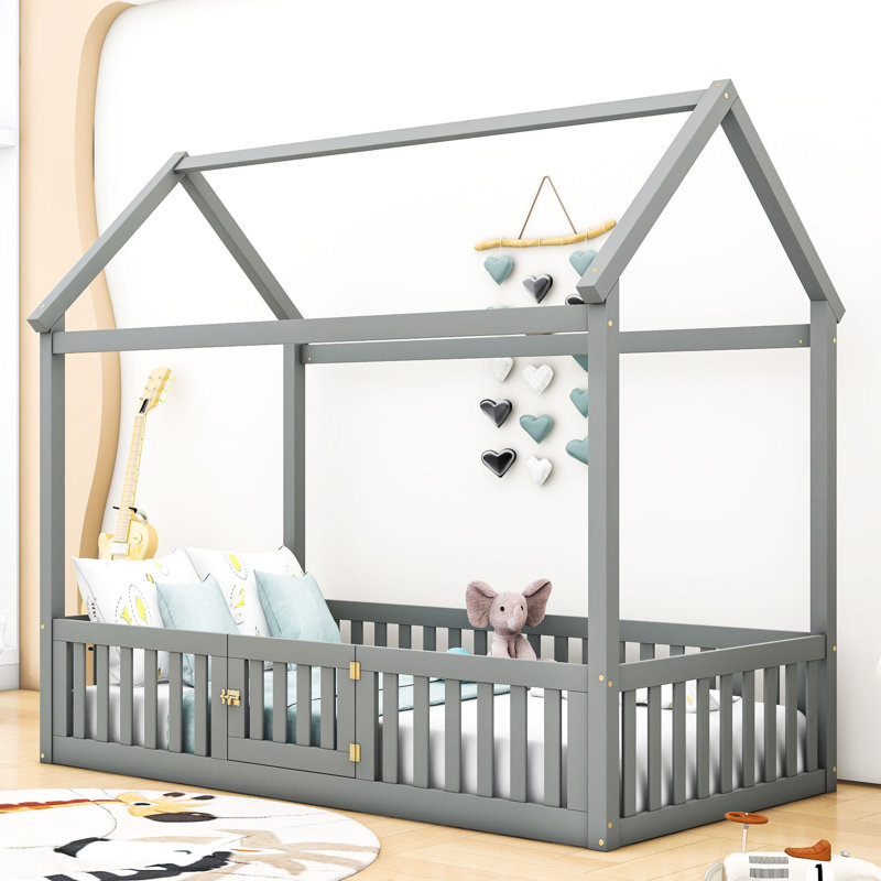Lit simple en bois avec clôture Dasan, gris