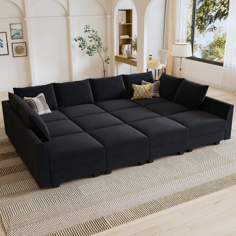 Kandle Upholstered Velvet Modular Sectional, Black Velvet