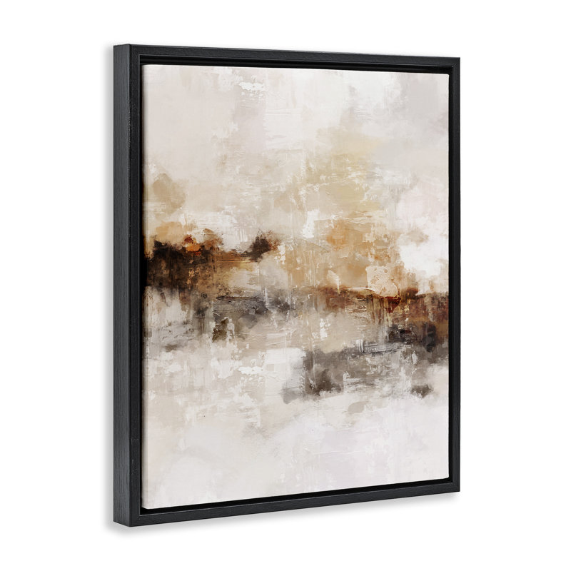 Beige et brun abstrait, H 25 po x l 31 po, Cadre flottant noir de jais