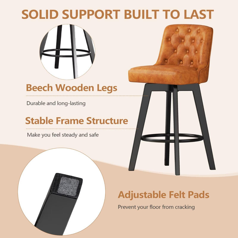 Swivel Upholstered 30'' Counter Stool Wood Leg, Brown, Bar Stool (30" Seat Height), 1