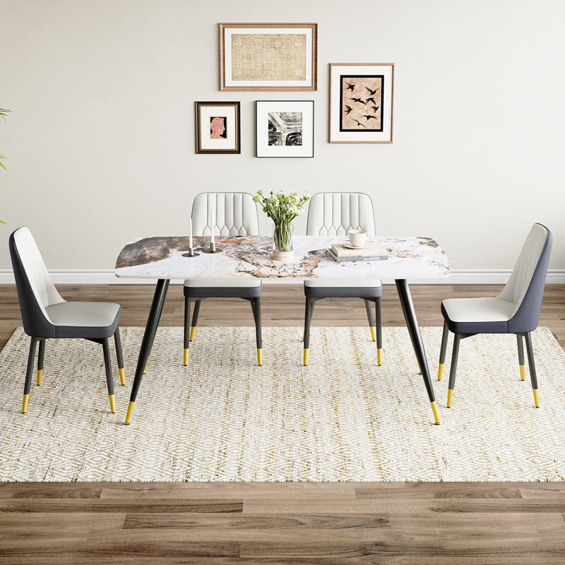 5 - Piece Marble Top Dining Set, White/Black