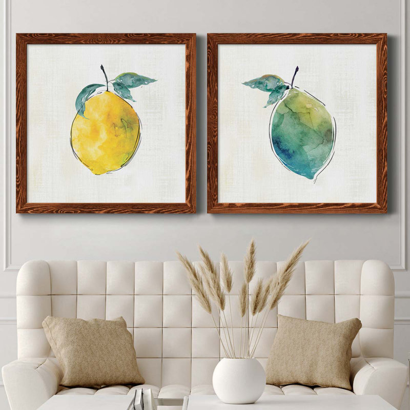 Happy Lemon - Ensemble de 2 peintures sur toile encadrées, H 27,5 po x l 55 po x P 1,5 po, Cadre en érable