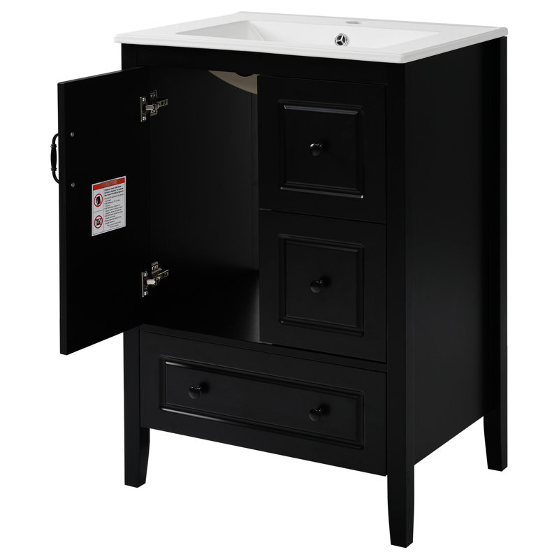 Meuble-lavabo autoportant noir de 24 po avec lavabo en céramique lisse, une porte à fermeture douce et 3 tiroirs pour articles de salle de bain