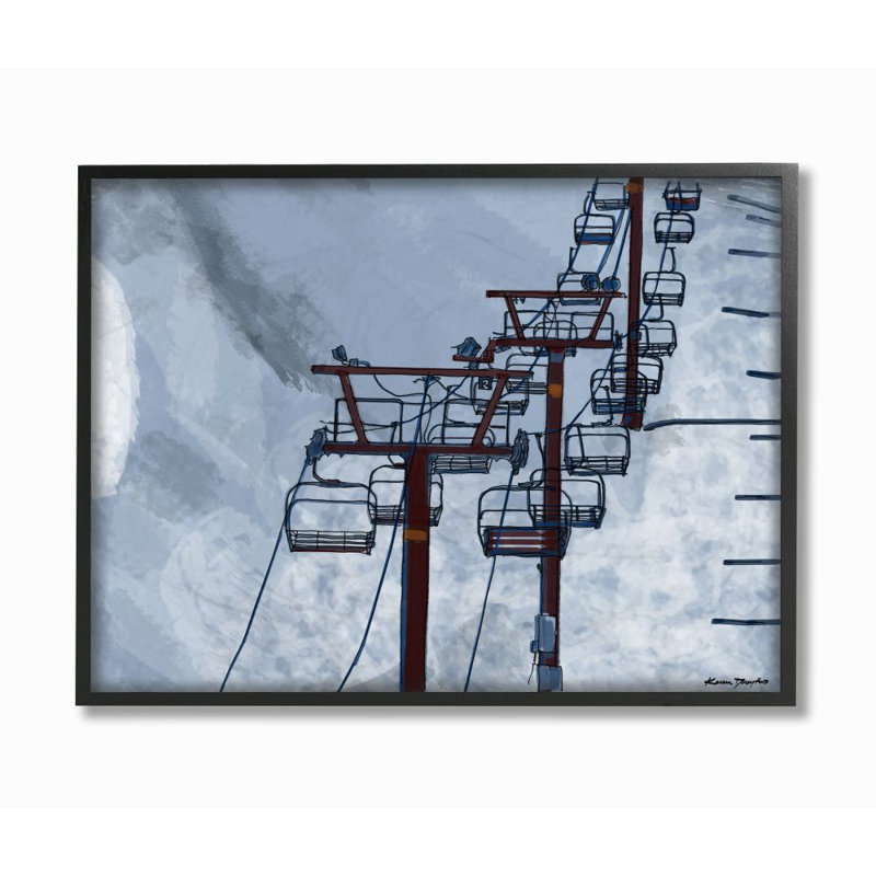 «Ski Lift Blue Sky» par Karen Dreyfus - reproduction de dessin, H 16 po x l 20 po x P 1,5 po, Giclée encadrée noir minuit