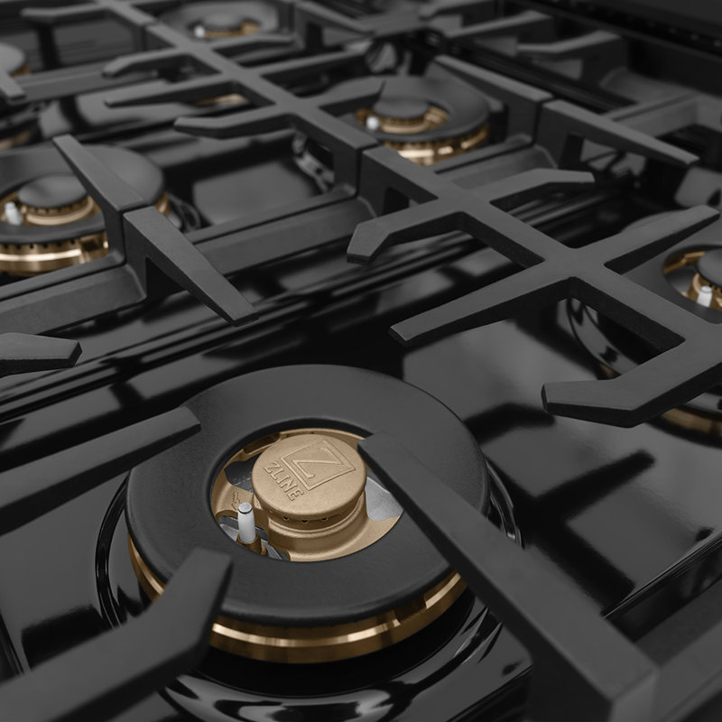 ZLINE Autograph 36 in. Classic Gas DuoPro Range in Satin Steel and Champagne Bronze Accents, Black Stainless Steel