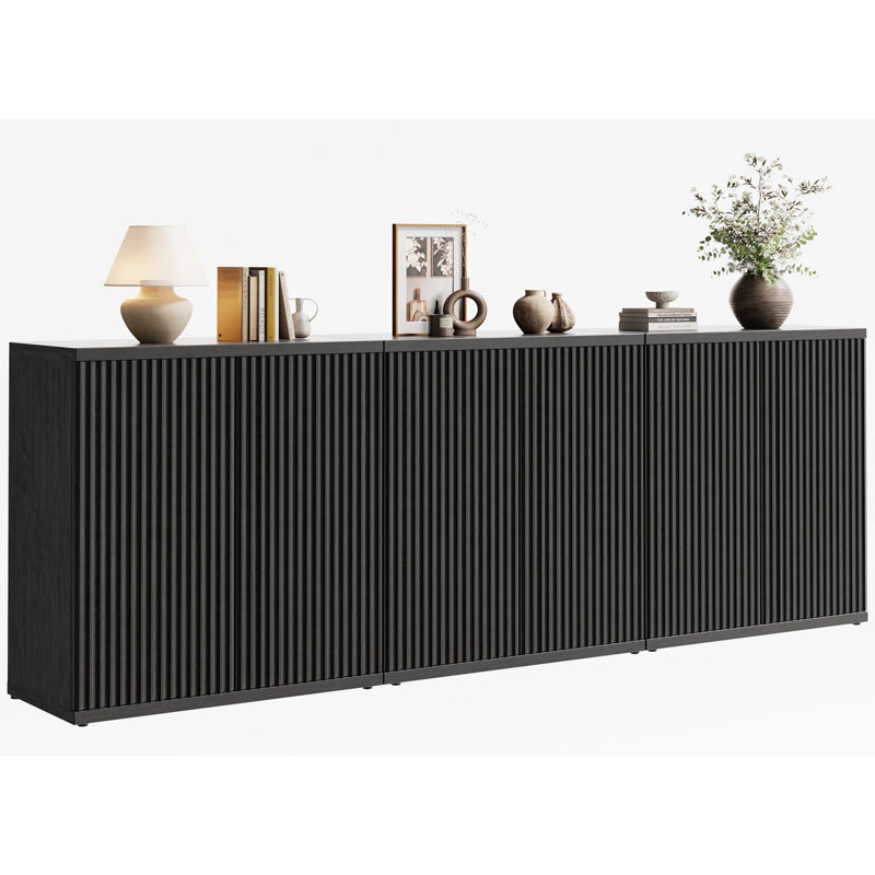 Buffet de 92,7 po de largeur avec portes cannelées et tablettes réglables (ensemble de 3), Noir