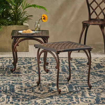 2 pièces Kd Tables en aluminium coulé - H 18 po x l antique pour patio avec centre tissé et table de bout décorative avec 2 pieds de table carrés bouclés