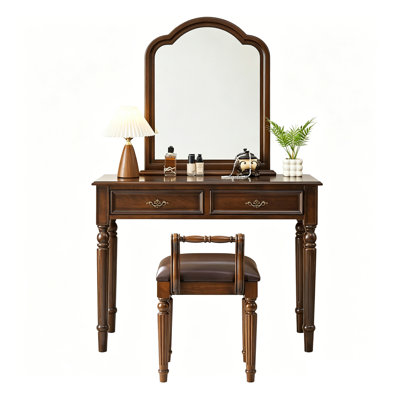 Coiffeuse vintage en noyer massif de 120 cm (47,24 po) avec miroir de maquillage arqué, tabouret et rangement à double tiroir.