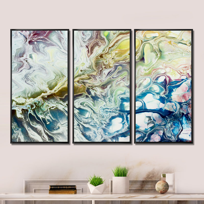 «Yellow and Green Abstract Strokes II», reproduction de cadre flottant sur toile, 3 pièces, Cadre noir
