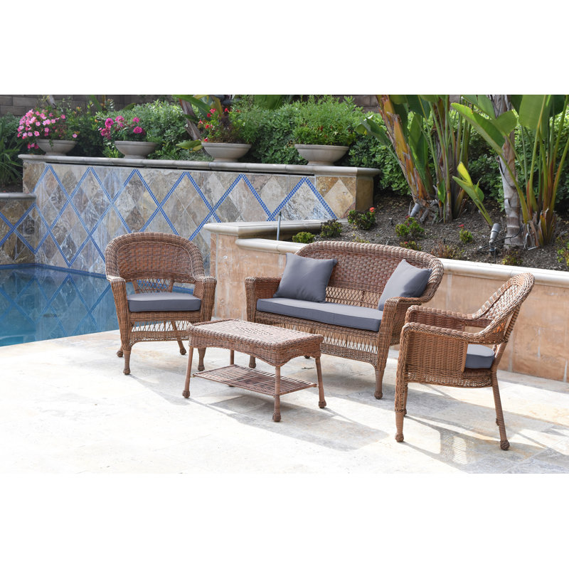 Cecilton 4 Piece Rattan Sofa Seating Group , Honey, Steel Blue