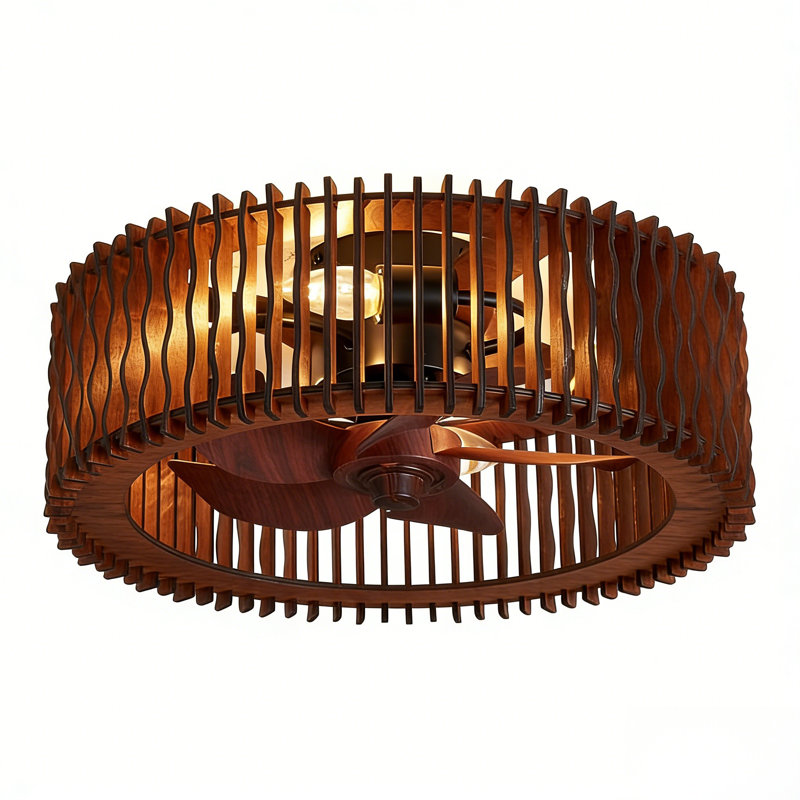 20" 4-Light Flush Mount Brown Wood Ceiling Fan with Light, 5-Blade Fandelier with Remote Control and Reversible DC Motor for All-Season Use
