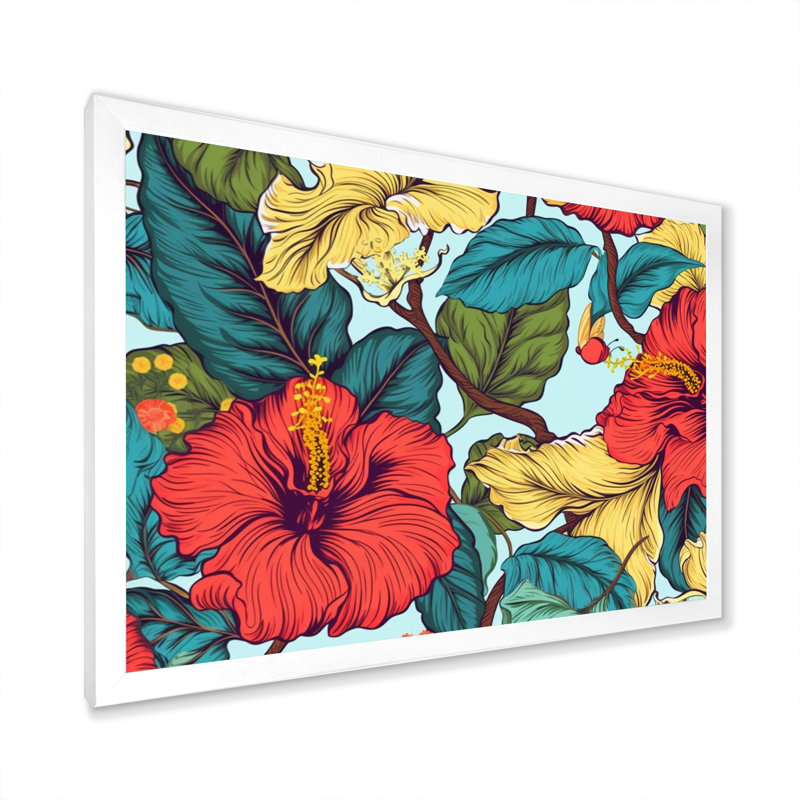 Corail sarcelle, hibiscus tropical harmonie II sur toile, H 24 po x l 32 po x P 1 po, Cadre simple blanc