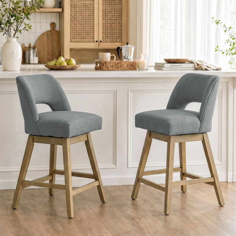 Bisto  360° Swivel Bar Stools with Solid Wood Frame, Polyester Gray, Light Oak Finish