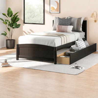 Space-saving Twin Beds With Storage, Espresso Wood, Modern Design For Family Use