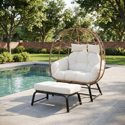 2-Person Patio Wicker Rattan Egg Chair & Ottoman Set With Cushions & Washable Covers