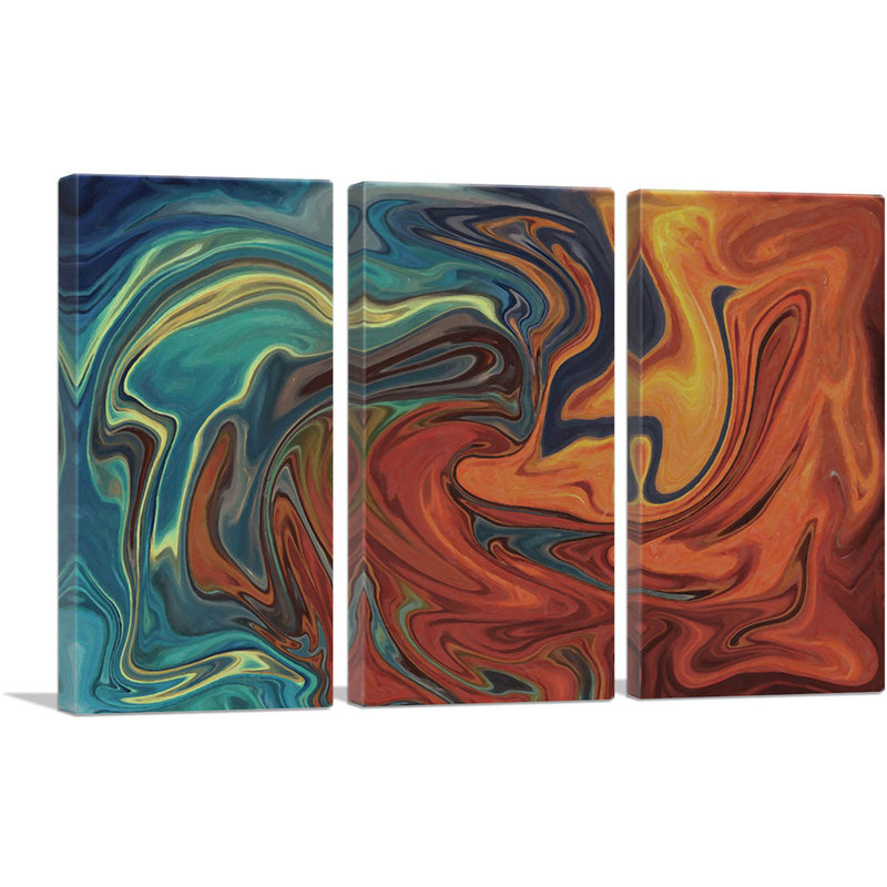 Bleu sarcelle et orange fondu Wavee - ensemble de 3 reproductions d'art sur toile tendue, H 40 po x l 60 po x 1,5 po
