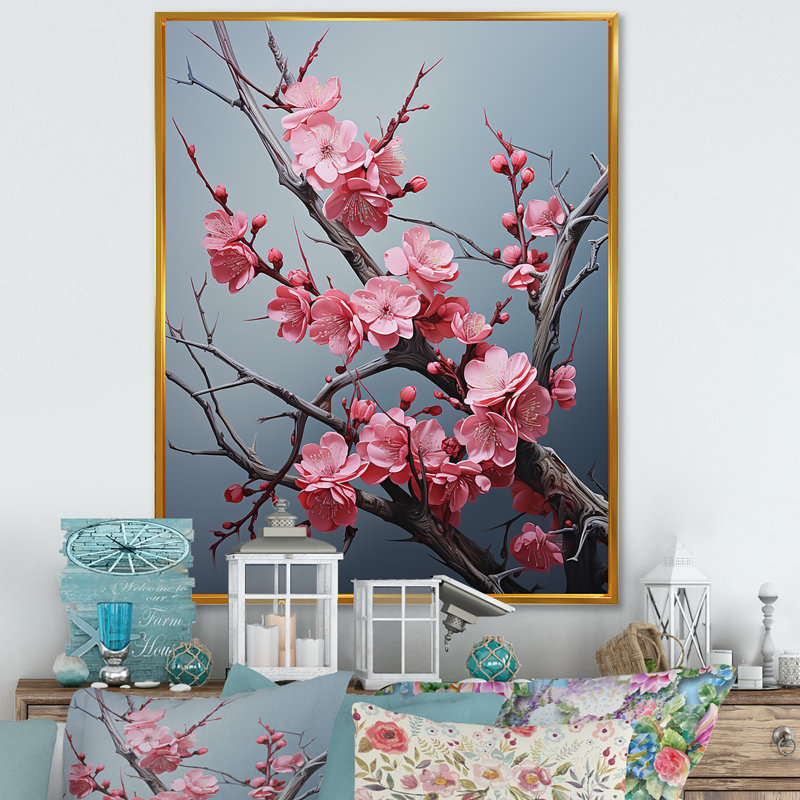 Fleurs de cerisier rose fin de l'hiver II - art mural cerisier en fleurs, Cadre flottant doré, H 20 po x l 12 po x P 1 po