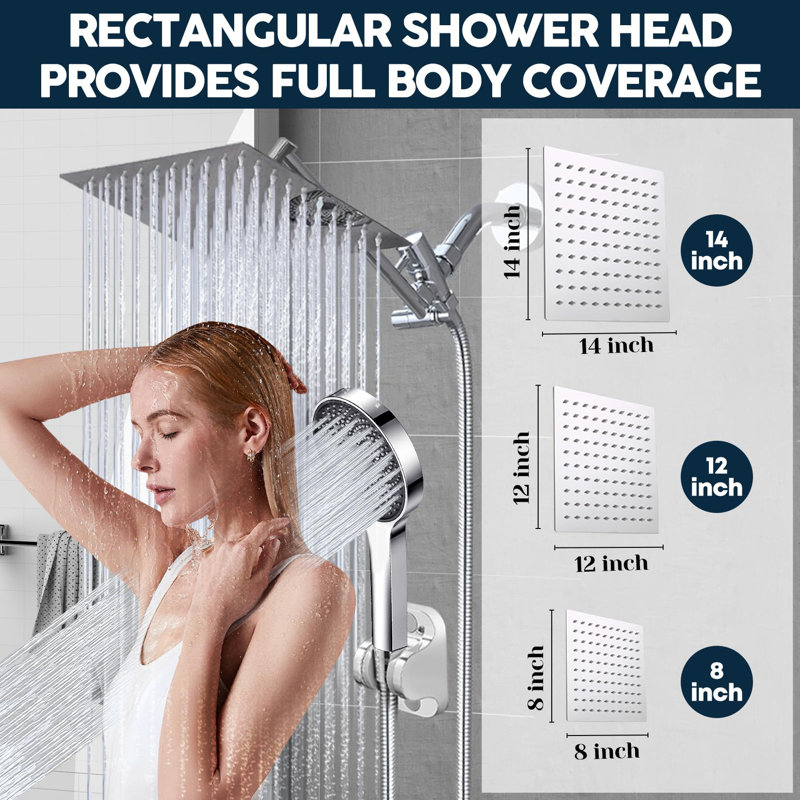 Shower Head, Rain Shower Head With Handheld Spray Combo And Adjustable Extension Arm, 3-Way Flow Regulator, High Pressure Rain Fall Hose