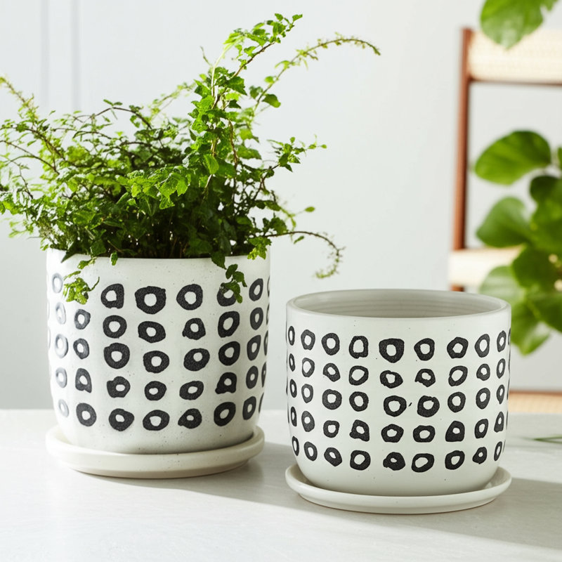 Stoneware Ceramic Saucer Planters with Drainage - Modern Decorative Plant Pots - Durable, Stylish Design for Home and Garden - Set of 2
