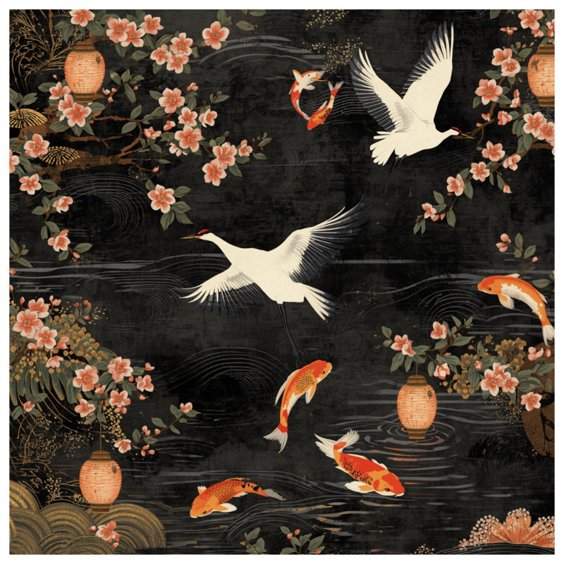 Tapisserie murale Cranes And Koi Fish - Décoration murale animaux, H 68 po x l 80 po avec 4 œillets