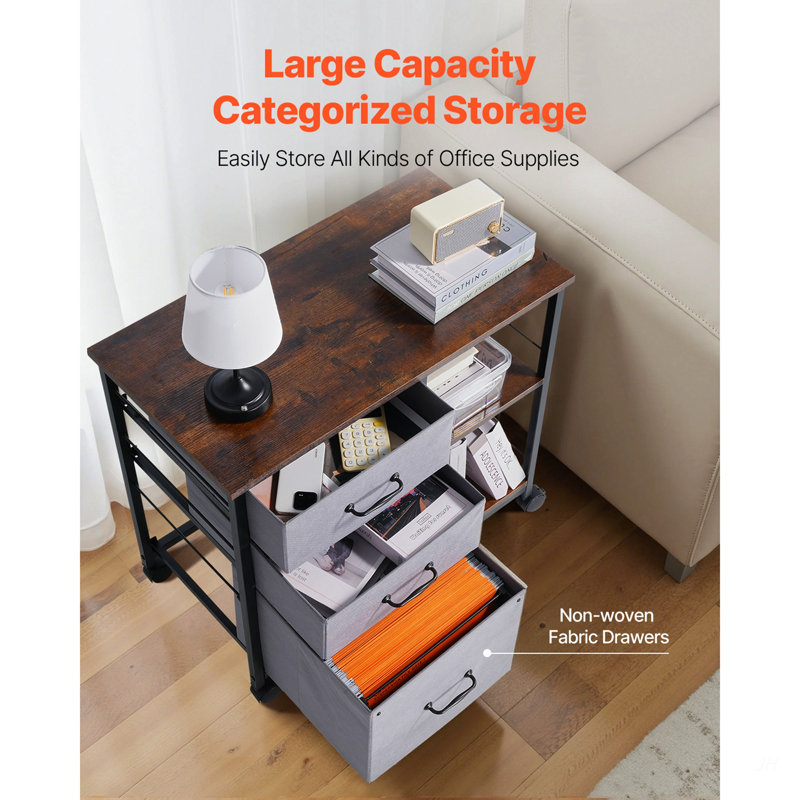 Mobile Metal File Cabinet with 3 Fabric Drawers and 2 Open Shelves Brown