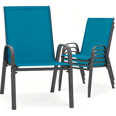 4 chaises de patio, chaises de camping d'extérieur en tissu respirant, ensemble de 4 chaises de jardin avec dossier haut avec accoudoirs, bleu