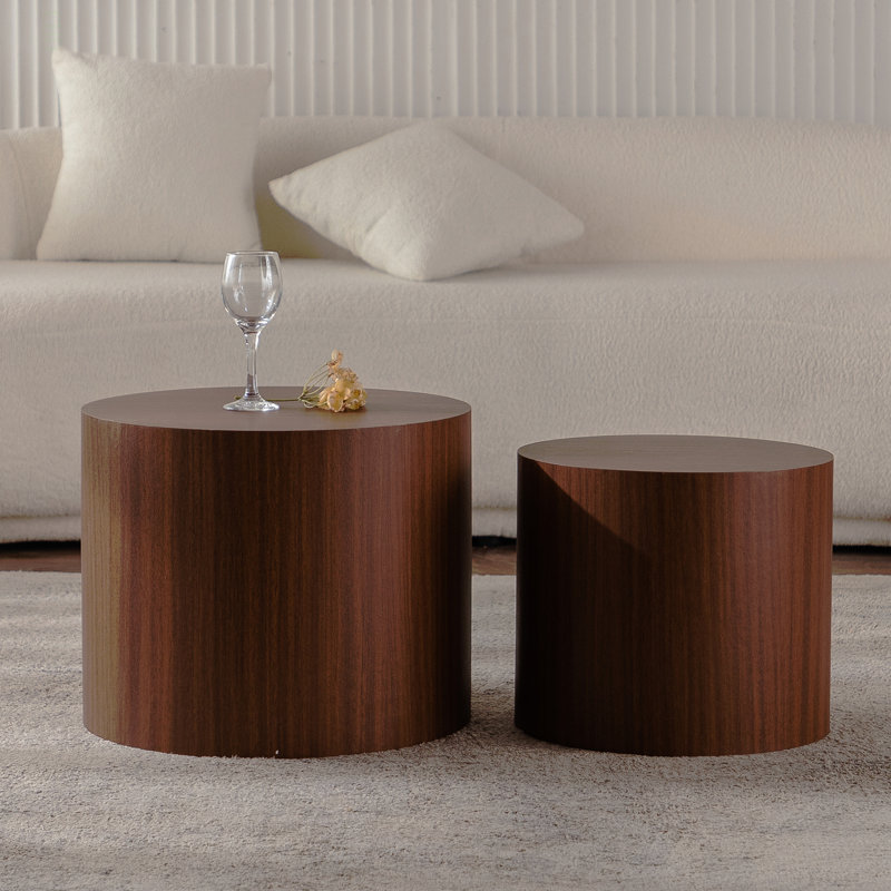 Ensemble de 2 tables basses rondes en bois Nesting, Dark Brown Wood / Tan
