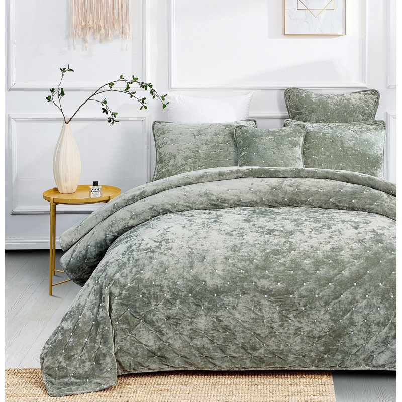 Polyester Velvet Quilt, Full Quilt + 2 Standard Shams, Green