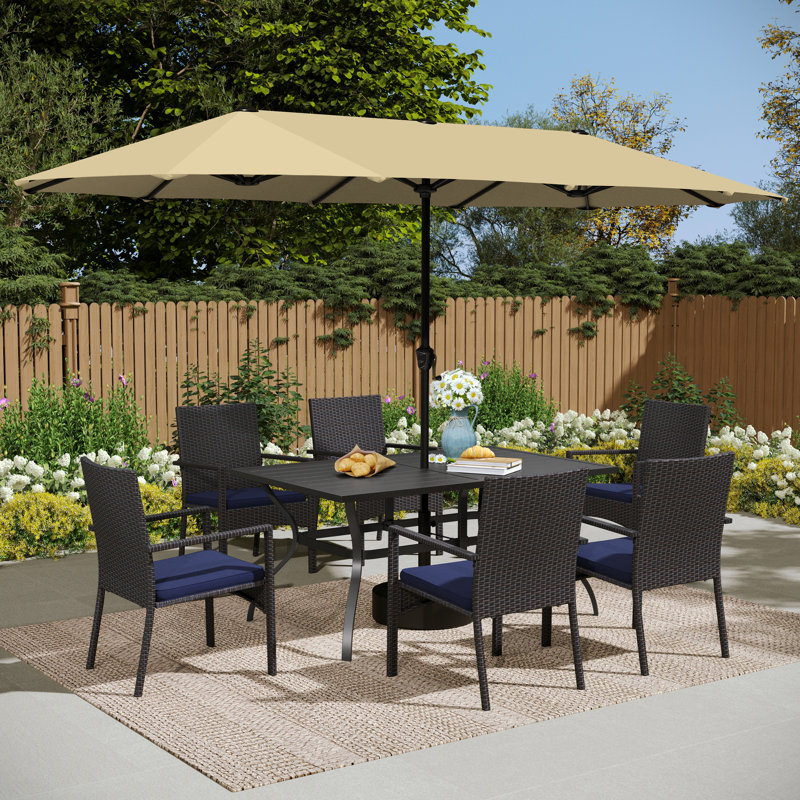 Ensemble de salle à manger rectangulaire en métal pour 6 personnes avec parasol, Beige