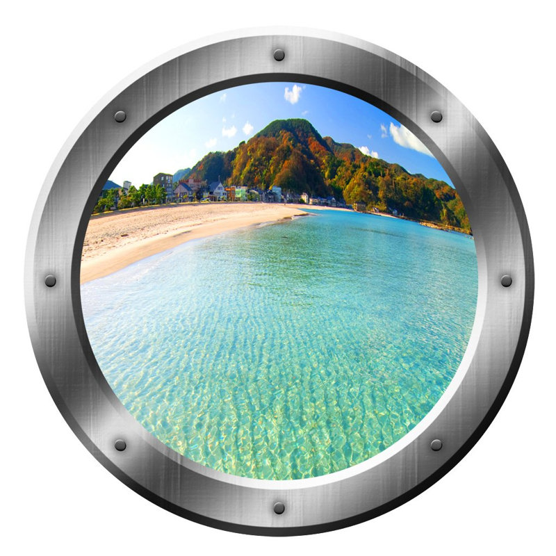 Décalcomanie murale scène de plage 3d island hublot, H 14 po x l 14 po x P 0,01 po