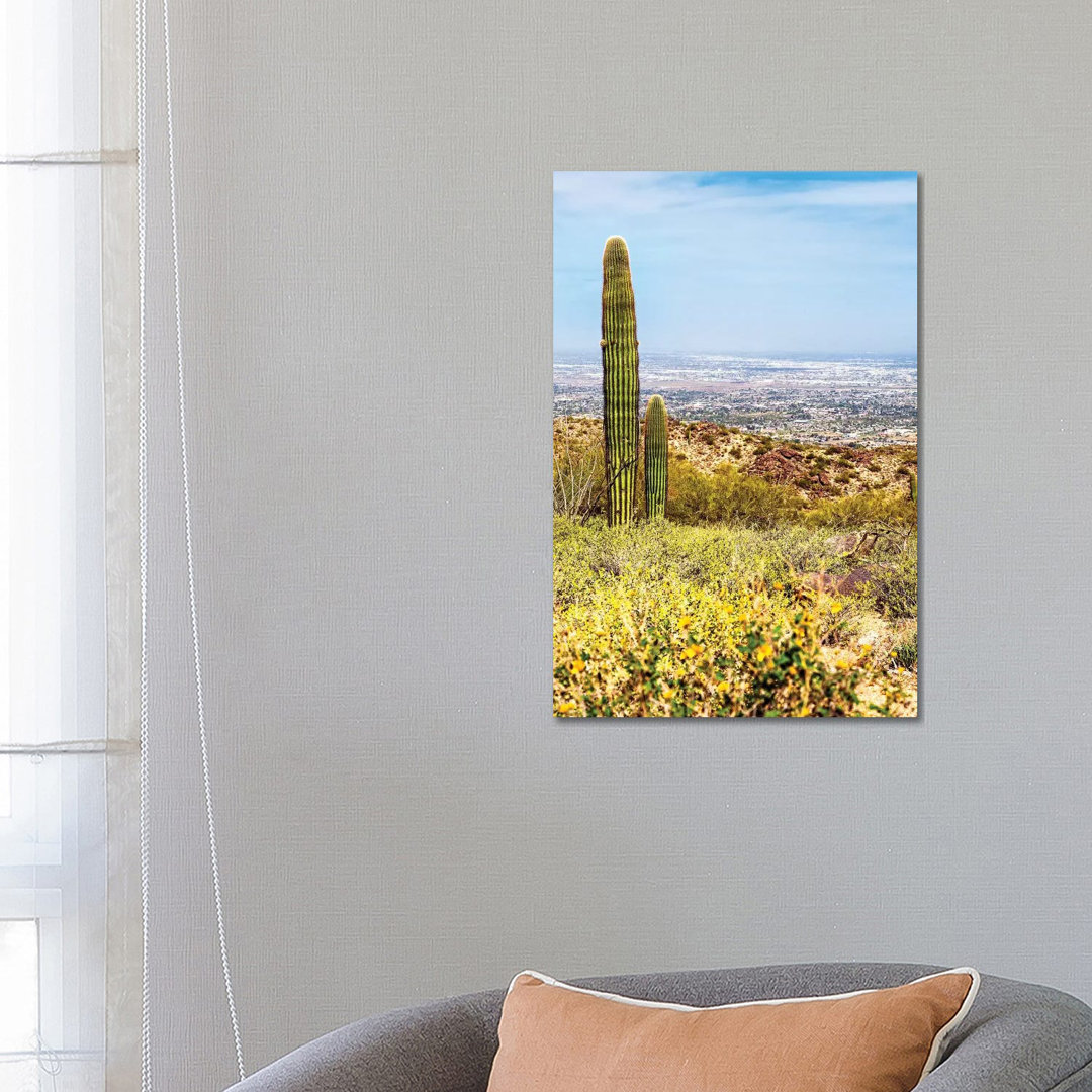 Phoenix Arizona Desert With Saguaro Cactus And Cityscape - Wrapped Canvas Gallery-Wrapped Canvas Giclée
