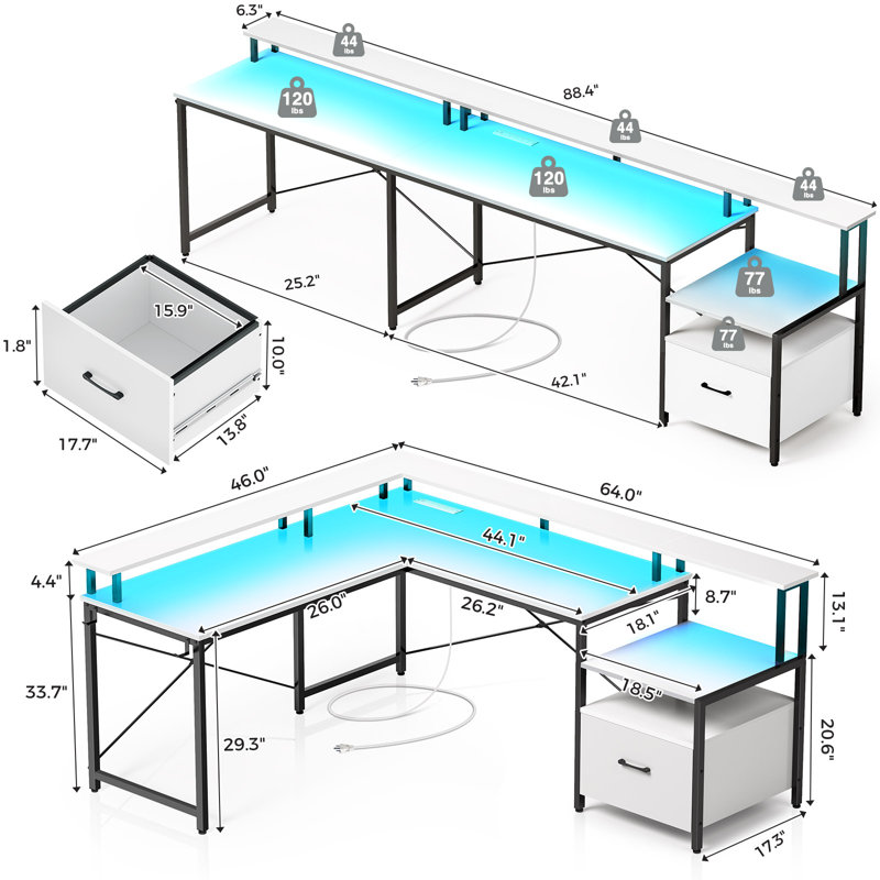 Kurtiss 68" L Shaped Computer Desk with File Drawer with Power Outlet & LED Strip, White