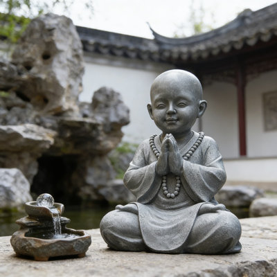 Meditating Baby Buddha Statue - Zen Garden Sculpture For Indoor And Outdoor Decor, Handcrafted Polyresin With Natural Stone Finish And Wood Bead Necklace