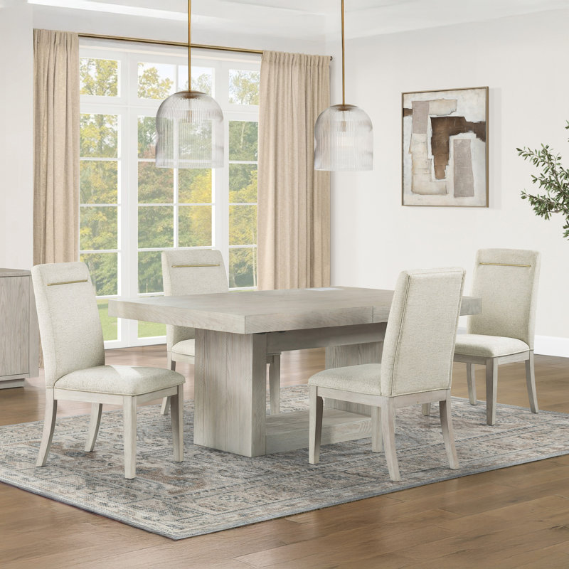 5 pièces: table, 4 chaises, Lin délavé / coquille d'œuf